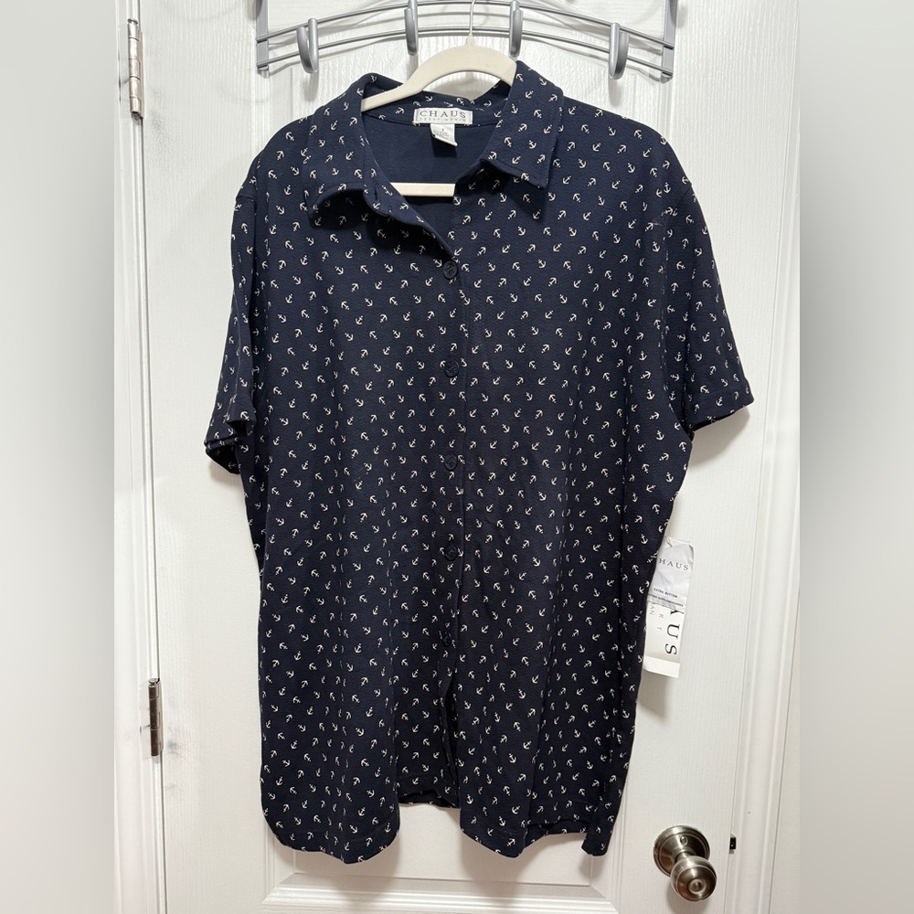 NWT Chaus sport women’s 2X button down shirt Blue Anchor Print‎ Coastal Cruise